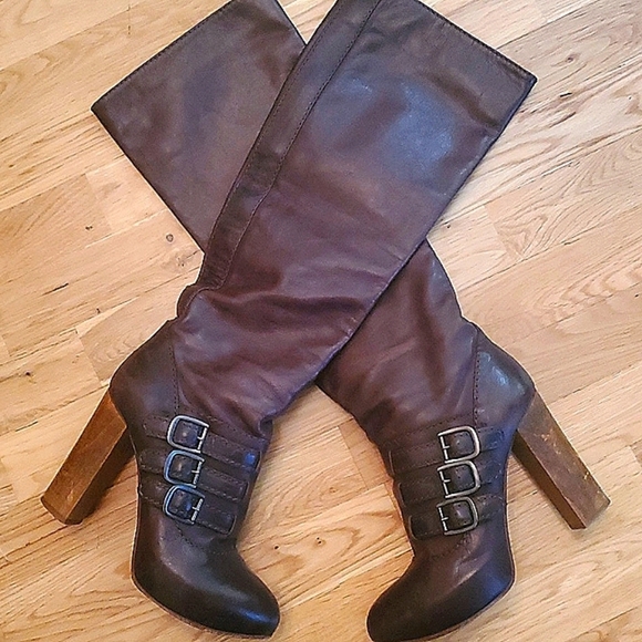 Chloe Three Buckle Wooden Heel Knee-high Leather Boot Size US 7 Brown - Picture 15 of 15